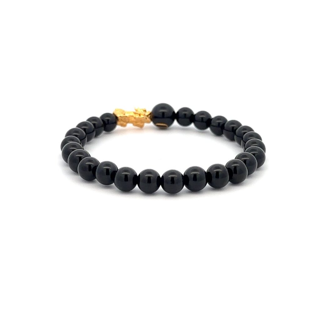 18K Gold Pixiu Piyao Bracelet Gemstones Onyx 6mm Elastic Bracelet Letter D - Picture 4 of 6